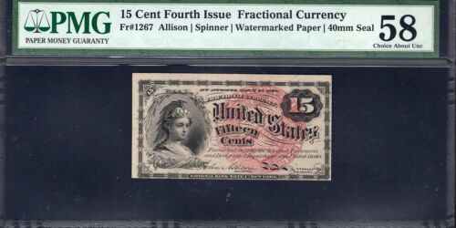 Fourth Issue 15 Cents Fractional Currency , Watermarked Paper / 40mm ,Fr. # 1267