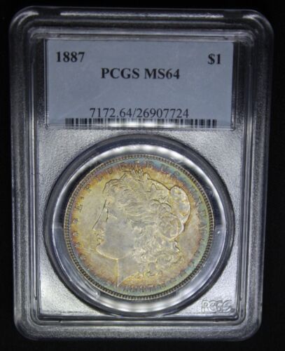 1887 P Morgan Silver Dollar Graded PCGS MS64 Rainbow Color Toning Toned Coin