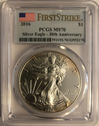 2016 Toned Silver Eagle PCGS MS70  FIRST STRIKE  “30th Anniversary – Flag Label”