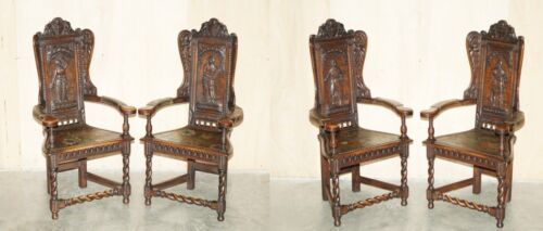 FOUR ANTIQUE 1640 CAQUETOIRE CARVED WALNUT POLYCHROME PAINTED ARMCHAIRS